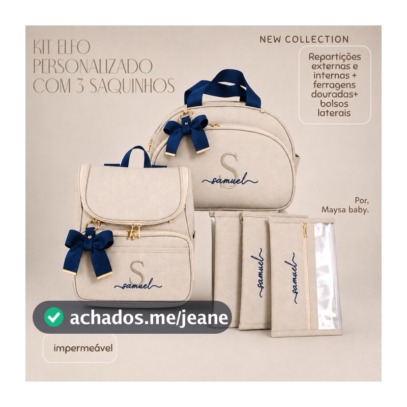 Bolsas maternidade personalizadas 5 peças em linho, mala, mochila e 3 saquinhos organizadores.