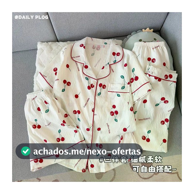 Feminino Doce Manga Curta 3 Peças Terno Cereja Desenho Animado Estampa Pijama Para Casa
