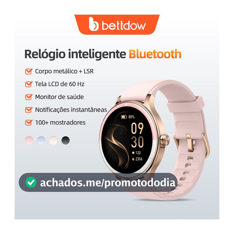 Smartwatch feminino BETTDOW: tela LCD de 1,27 polegadas, resistência à água IP68, caixa de liga metálica, modo esportivo