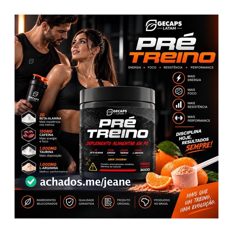 Pré Treino 300g Sabor Tangerina  Beta-Alanina Cafeína Taurina L-Arginina