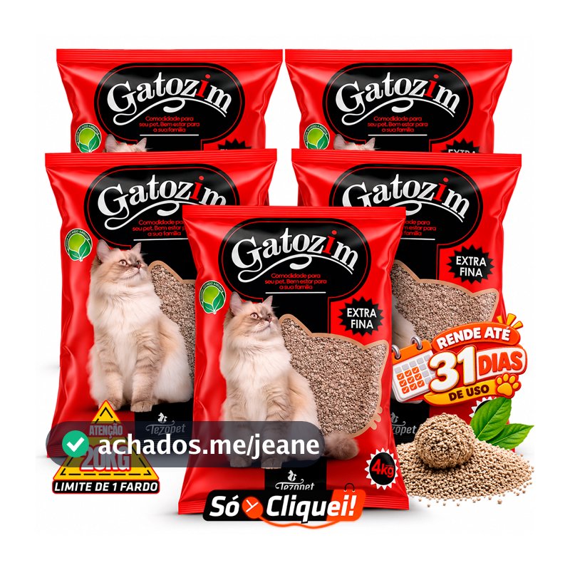 Kit 5 Pacotes Areia de Gato Gatozim Extra Fina Fardo 20KG Granulado Forma Torrões Firmes Controla Odores