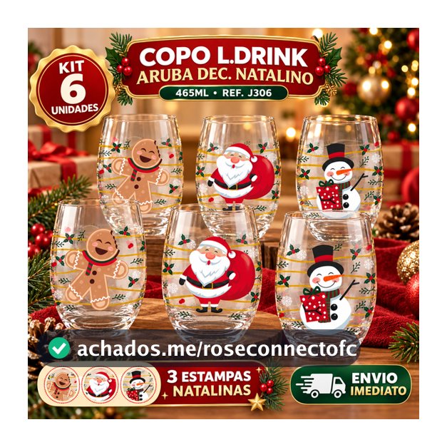 Jogo de Copos Long Drink Natal Aruba 465ml Nadir Vidro Decorado Natalino Ceia Festa Presente Kit 6 Unidades