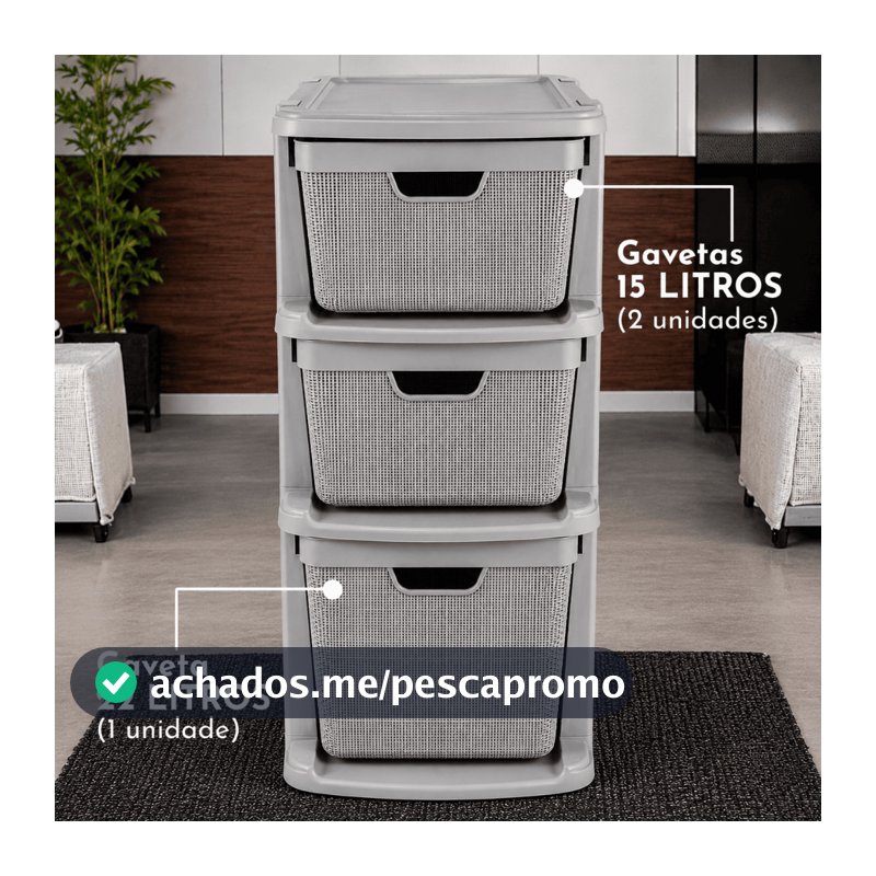 Gaveteiro Organizador Grande de Chão 15 Litros 22 Litros com 3 Gavetas em Plástico Juta Organização