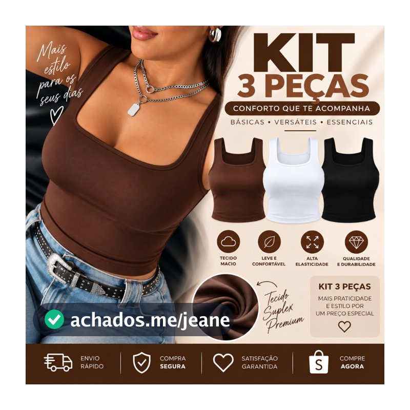 Kit 3 Blusa Regata Feminina Top Cropped Blusinha Modeladora Suplex Premium Forro Duplo Verão P063