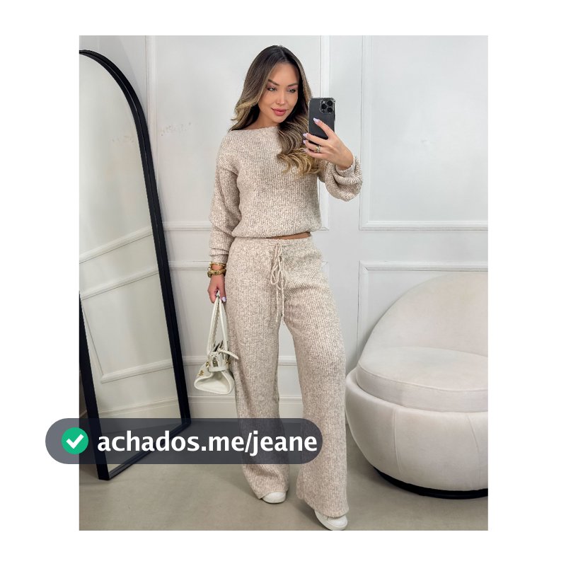 Conjunto Canelado de Tricot Mousse Calça Pantalona Cordão Ajustável+Blusa Manga Bufante Inverno