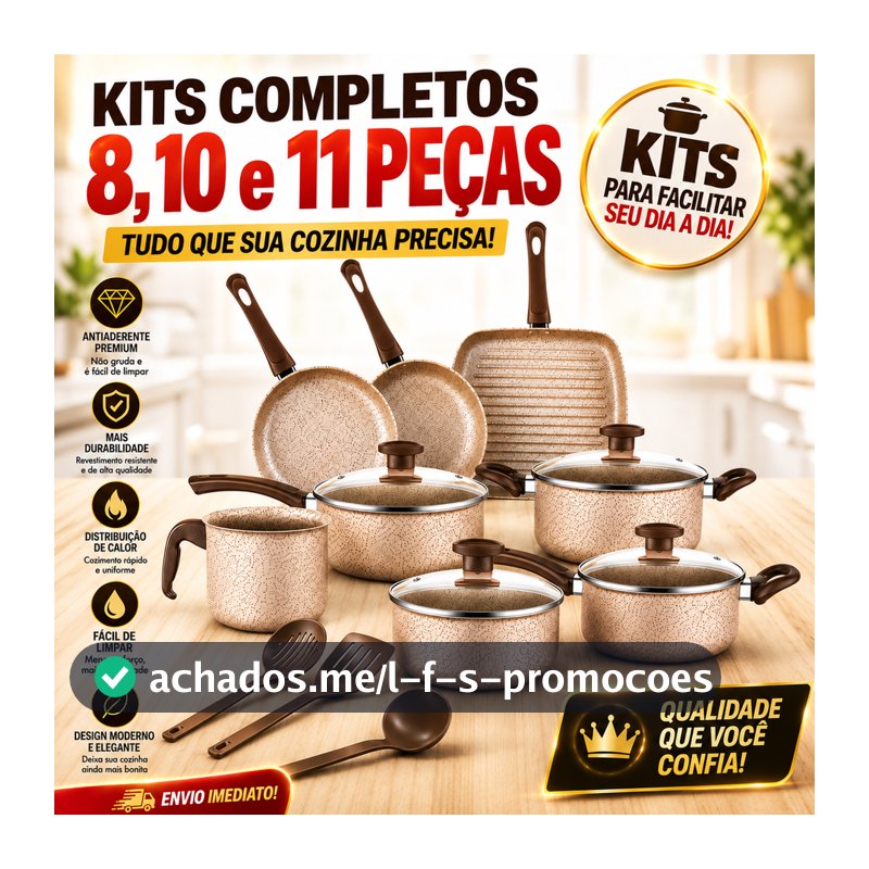 Jogo de Panelas Antiaderente, Kit com 8, 10 ou 11 Peças - Com Tampas de Vidro e Utensílios