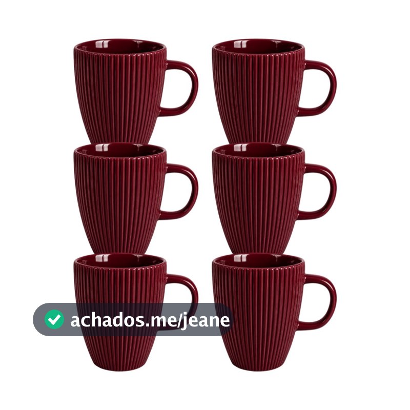 Kit 6 Caneca Canelada Porcelana Bordô 250 ml Para Café Chá Leite Cappuccino Mesa Posta Cozinha Restaurante