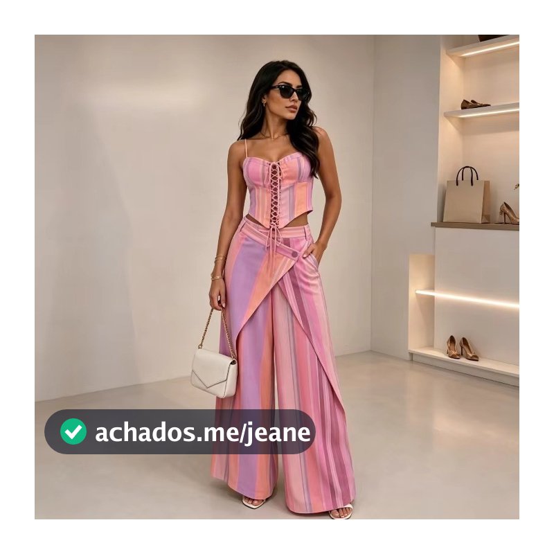 Conjunto De Duas Peças Com Blusa Assimétrica Listrada Retrô Bloqueada Em Cores E Calças Largas 202608A
