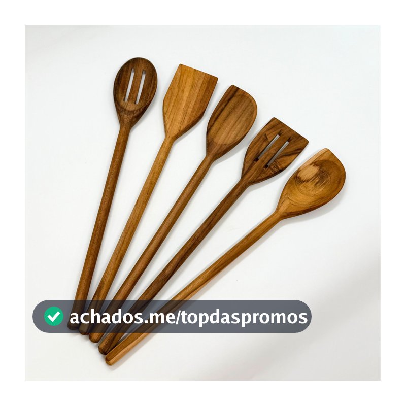 Kit 5 Utensílios Colheres de Madeira Teca 36cm Michelon