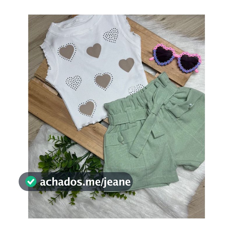 Conjunto 2 Peças Blusinha Coração com Strass e Shorts Linho Infantil 04 a 10 anos
