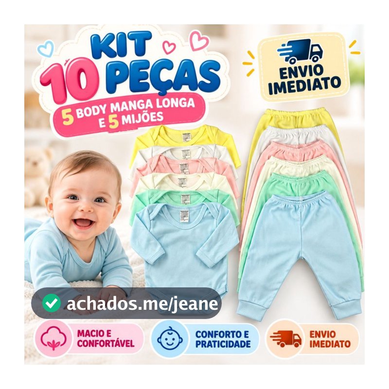 Kit 10 Peças - Conjunto Body Manga Longa + Calça Lisa Bebê