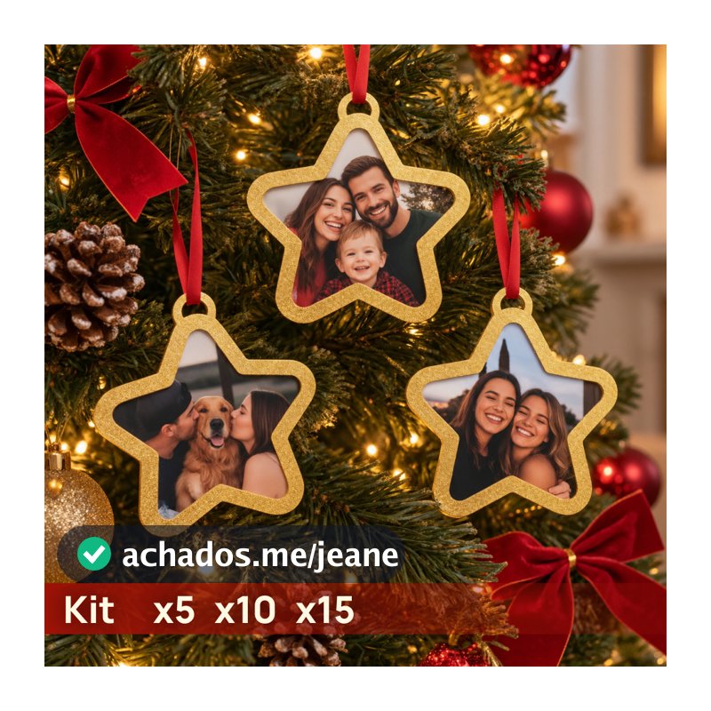 Kit enfeites para árvore de natal estrela porta foto personalizado natalino 5 10 15
