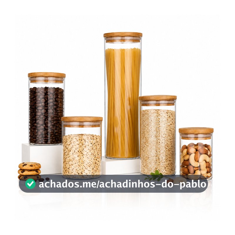 Kit Potes Mantimentos Vidro Herméticos Com Tampa Bambu Alta Resistência Epsilon Transparente