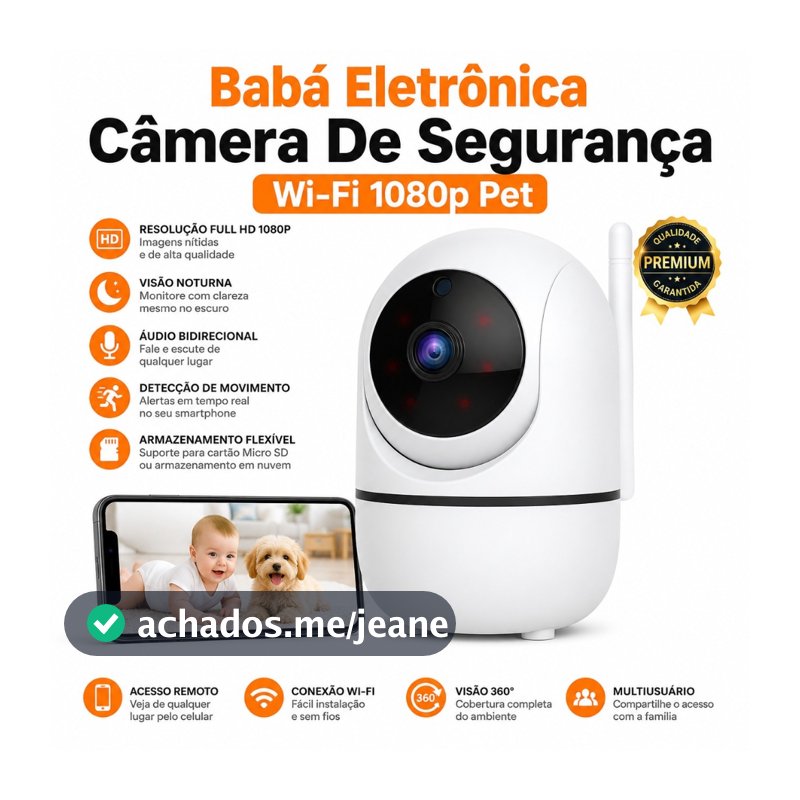 Babá Eletrônica Câmera De Seguraca Wi-Fi 1080p Pet Giratória Visão Noturna Infravermelho Microfone