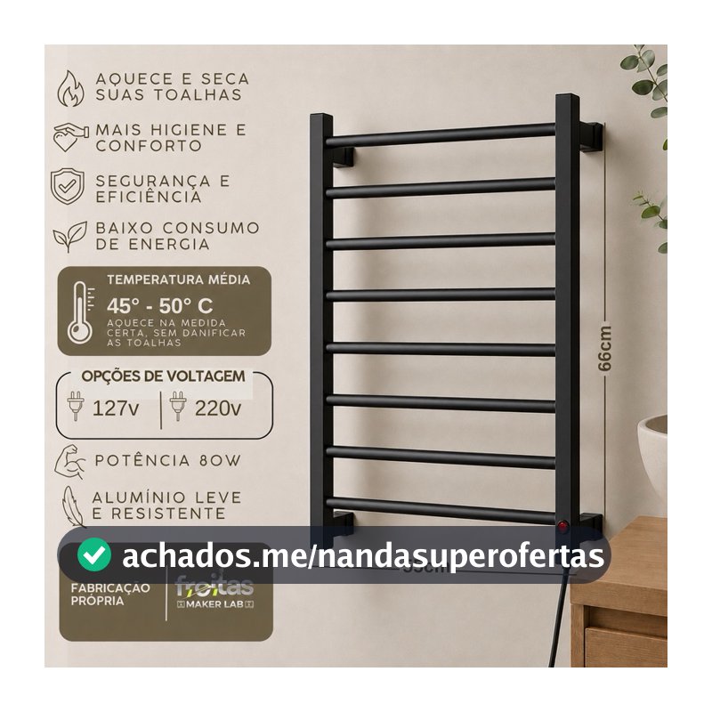 Toalheiro Elétrico Térmico Em Alumínio Aquecido Grande Para Toalhas, Preto, Branco e Prata