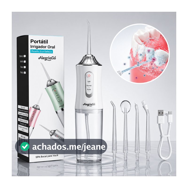 Irrigador Oral Portátil Recarregável USB Type-C 220ml 4 Bicos 3 Modos IPX7 Branco Rosa Verde Preto