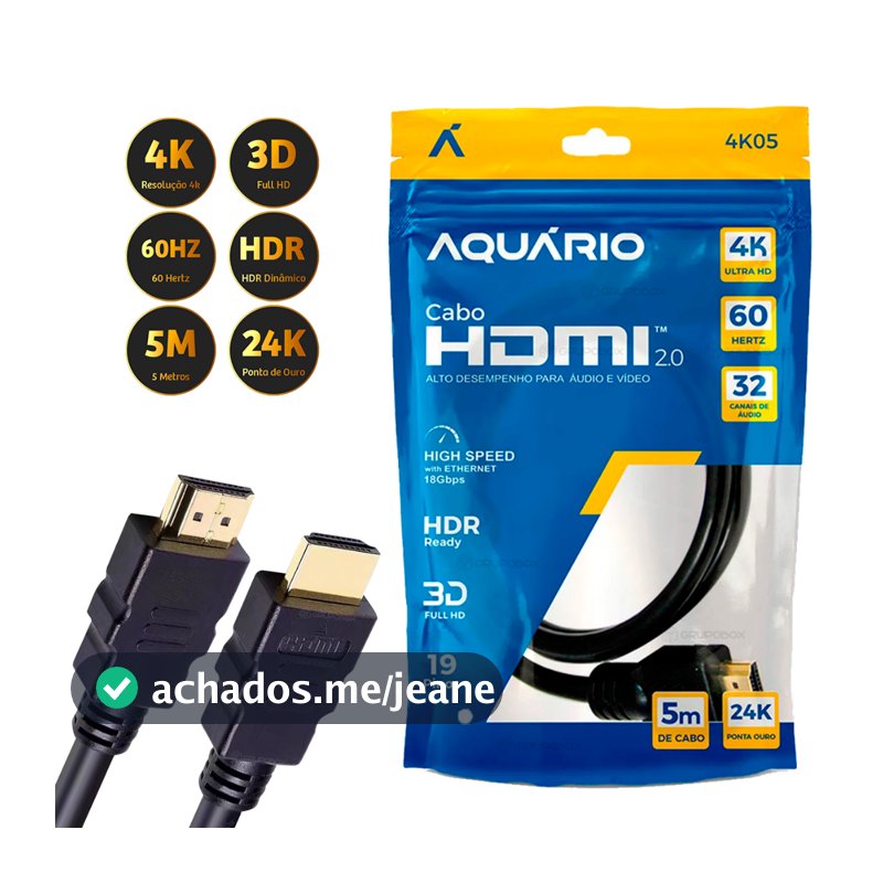 Cabo Hdmi Aquario 2.0 4k 2m, 3m, 5m, 10m Metros 4k 3d Full Hd Blindado Tv Ponta Gold 60hz