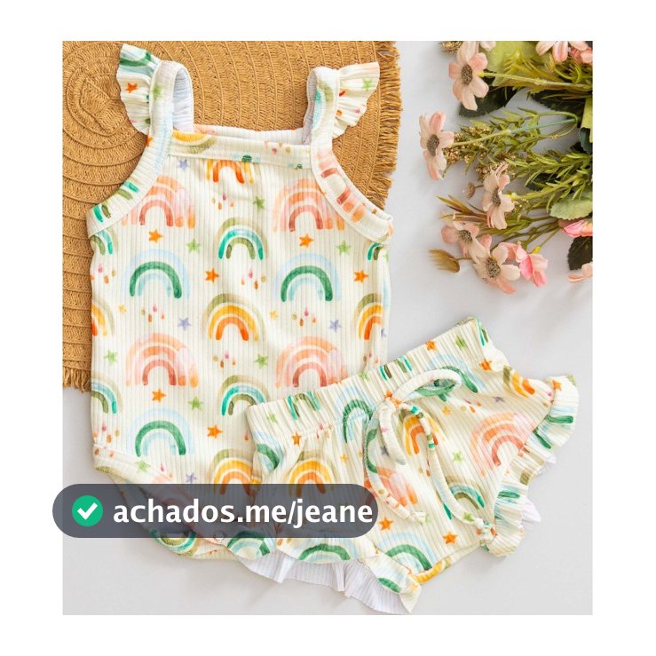 Conjunto Bebê Verão Canelado Menina Body e Tapa Fralda Infantil com Babado e Estampa de Arco-íris