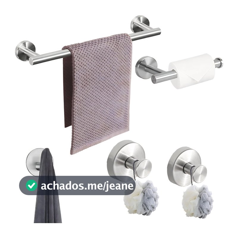 Kit Acessórios Banheiro Luxo Prata 5 Peças - Aço Inox 304 com Toalheiro, Porta Papel e 2 Ganchos