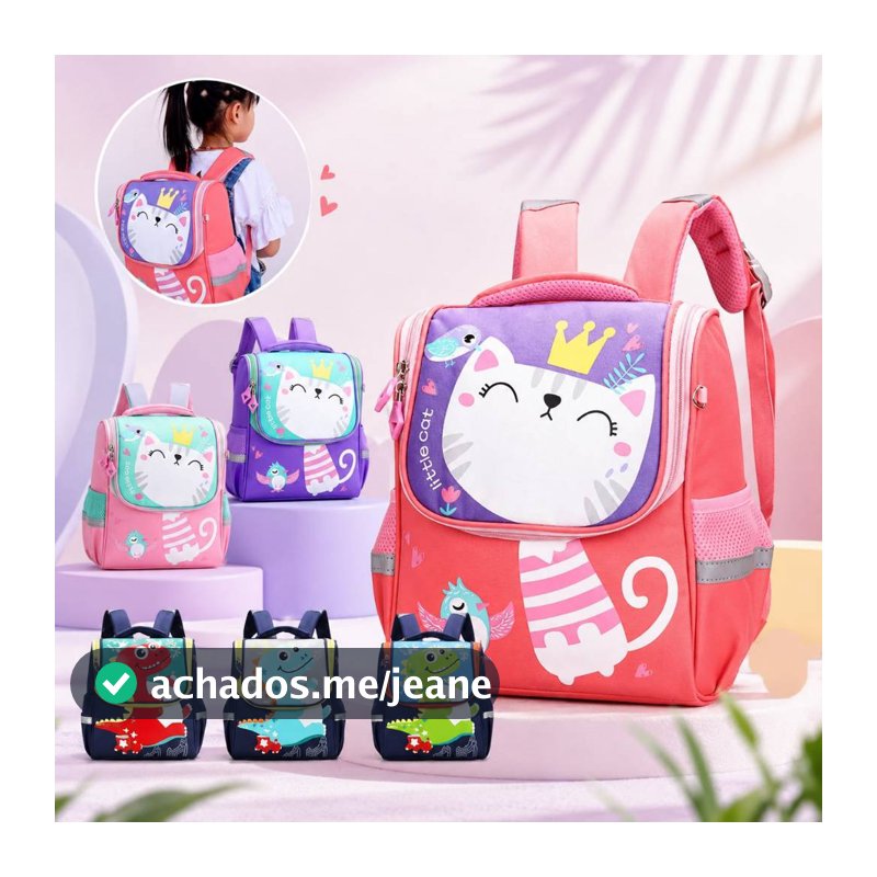 Mochila Escolar Infantil Menino Menina Dinossauro Gatinho de Costas