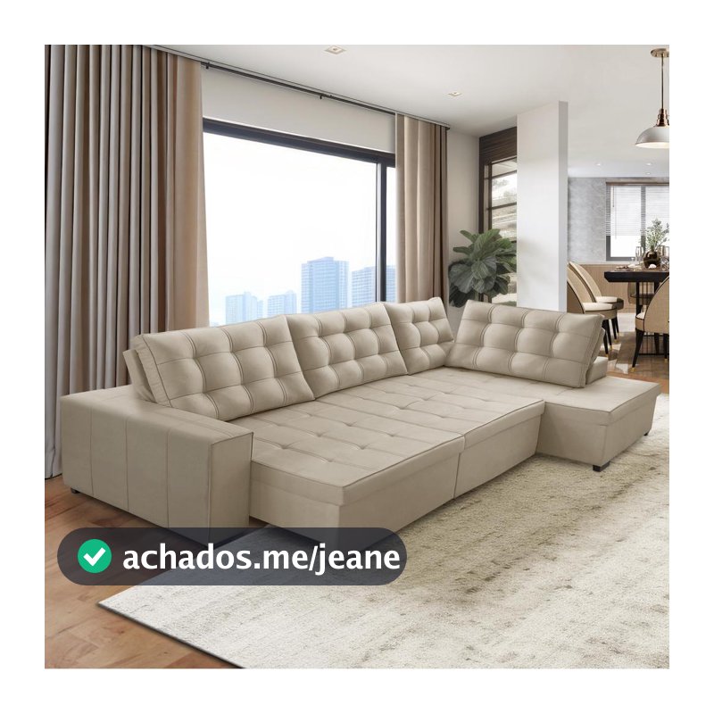 Sofá de Canto Retrátil e Reclinável com Molas 3,00x2,00 Jacke Suede Bege Adonai Estofados