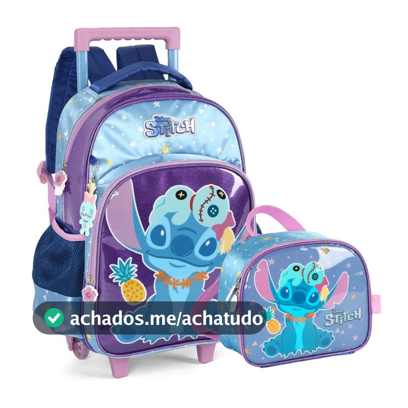 Kit Mochila Rodinhas Infantil Lancheira Escolar Stitch Scrump Disney Violeta Luxcel