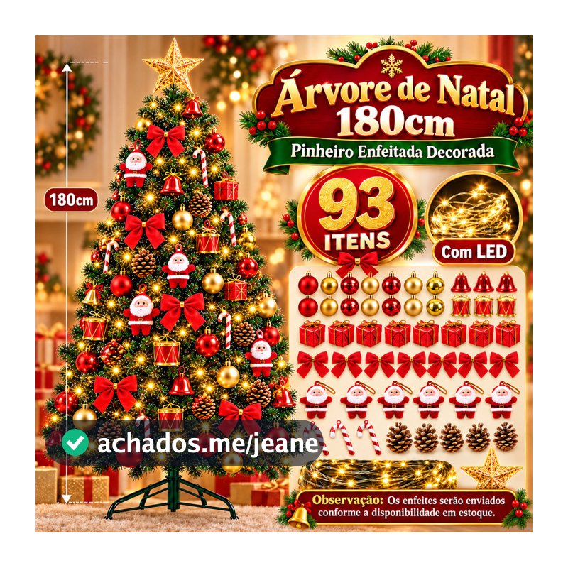 Árvore de Natal 180cm Decorada Completa 340 Galhos  93 Enfeites Pisca LED Pinheiro Artificial