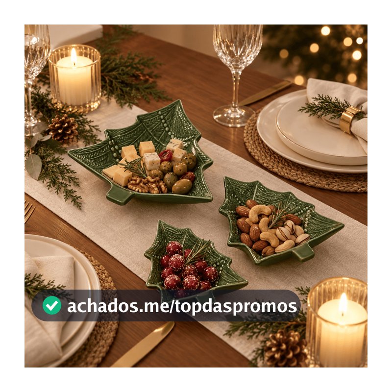 Kit / Conjunto Petisqueira Natal Árvore de Natal Alto Relevo Funda Verde em Cerâmica Ideal Para Mesa Posta Scalla 2a