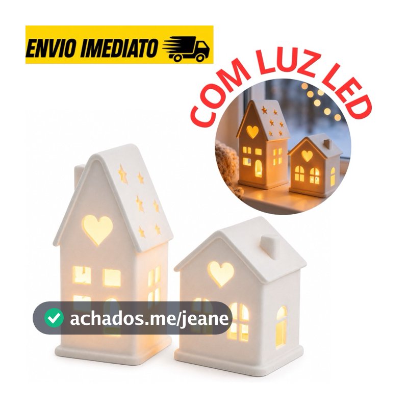 Kit 2 Casinhas Vila Natalina Decorativa com Luz LED Janela Coração Enfeite Natal