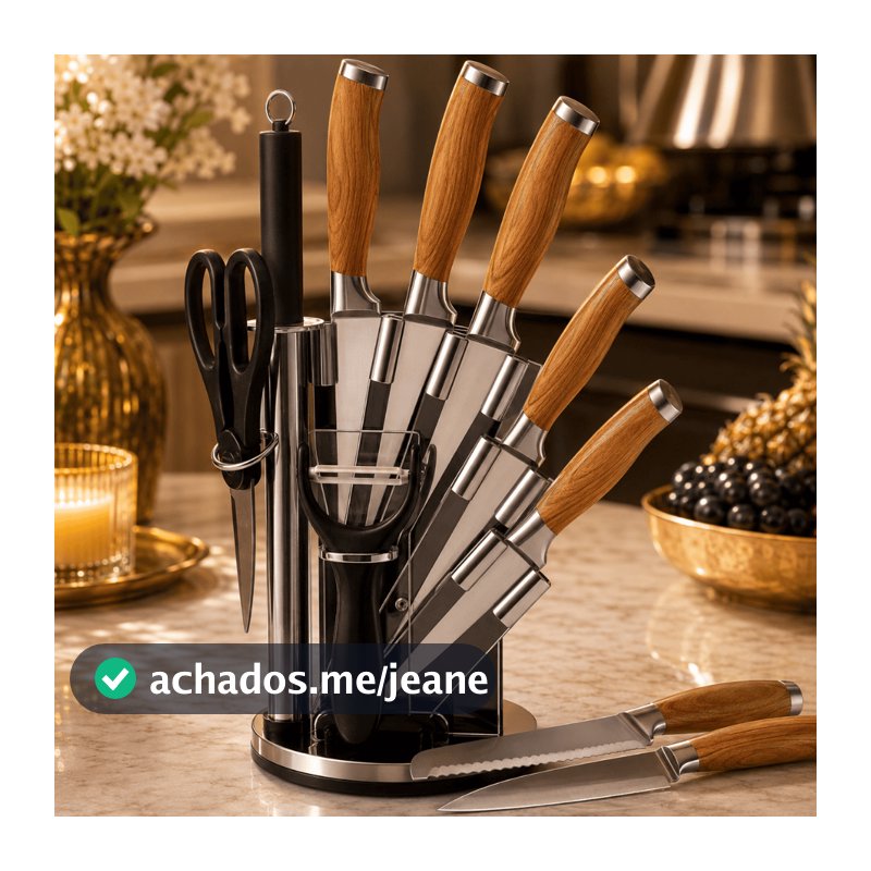 Faqueiro Jogo de Facas Aço Inox com Suporte Giratório Kit Cozinha 9 Peças Profissional