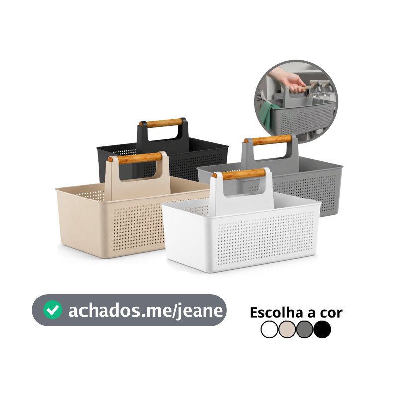 Cesto Organizador Multiuso Com Alça De Bambu Para Limpeza e Organização 8L Flow  - Ou