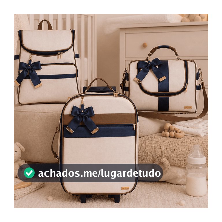 Kit Bolsa Maternidade Menino Luxo Paris Champanhe/Cacau/Marinho - 03 Peças
