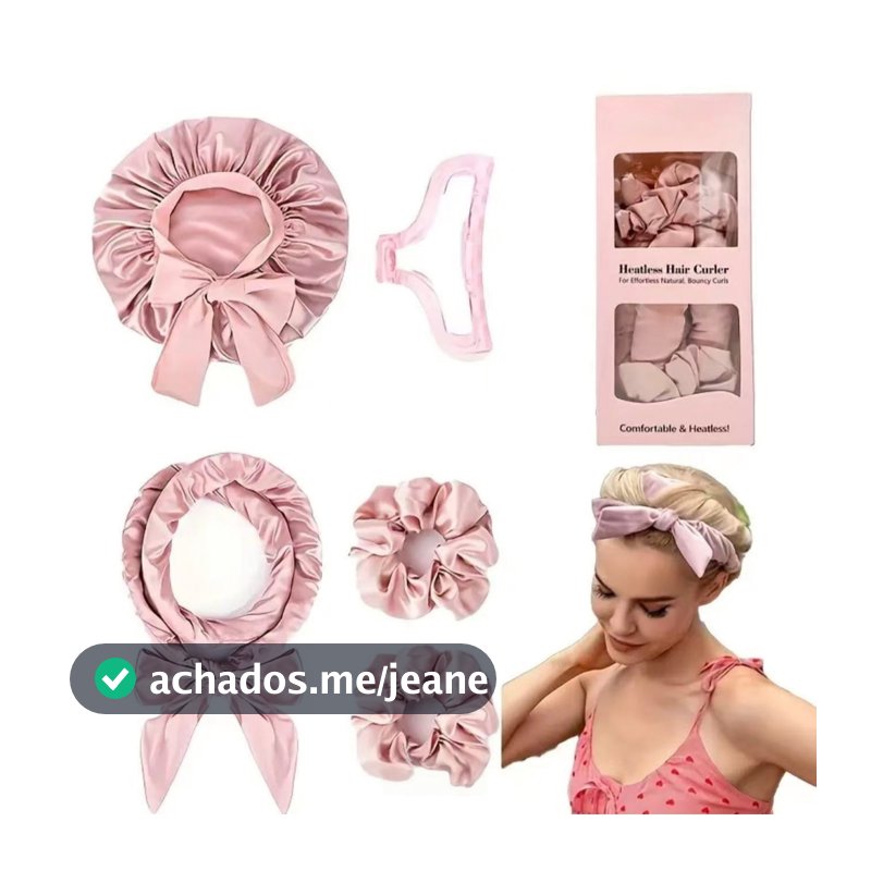 kit Modelador de Cachos Cetim Sem Calor+ touca de Cetim Dupla Face + 1Piranha +2 Scrunchies para cabelo 025-066
