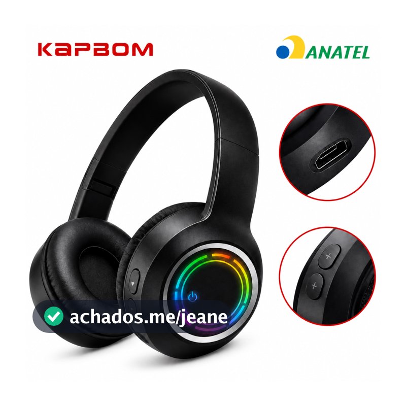 Fone de Ouvido Bluetooth LED Sem Fio Kapbom RGB com Microfone Premium