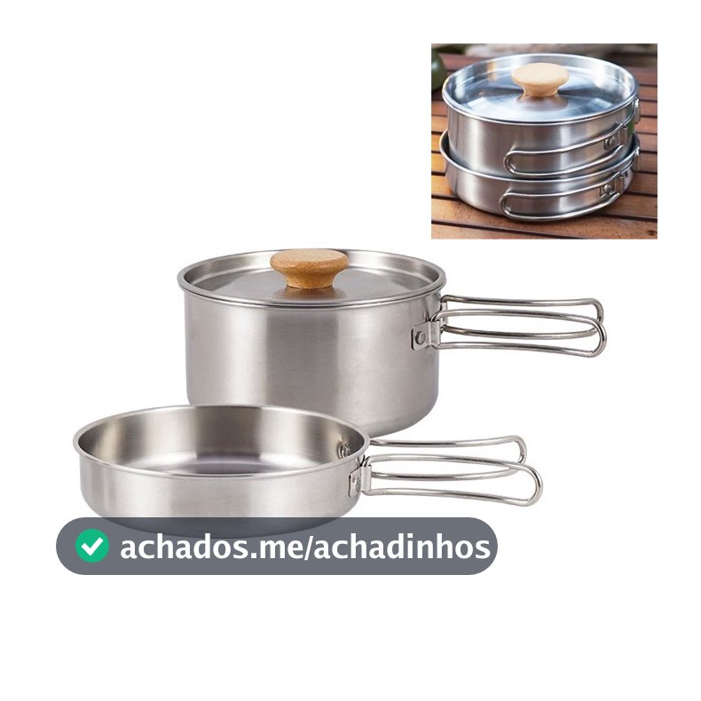 Kit 2 Panela Frigideira Grande Portátil Utensílios Ao Ar Livre Acampamento 2-3 Pessoas Indução e Gás