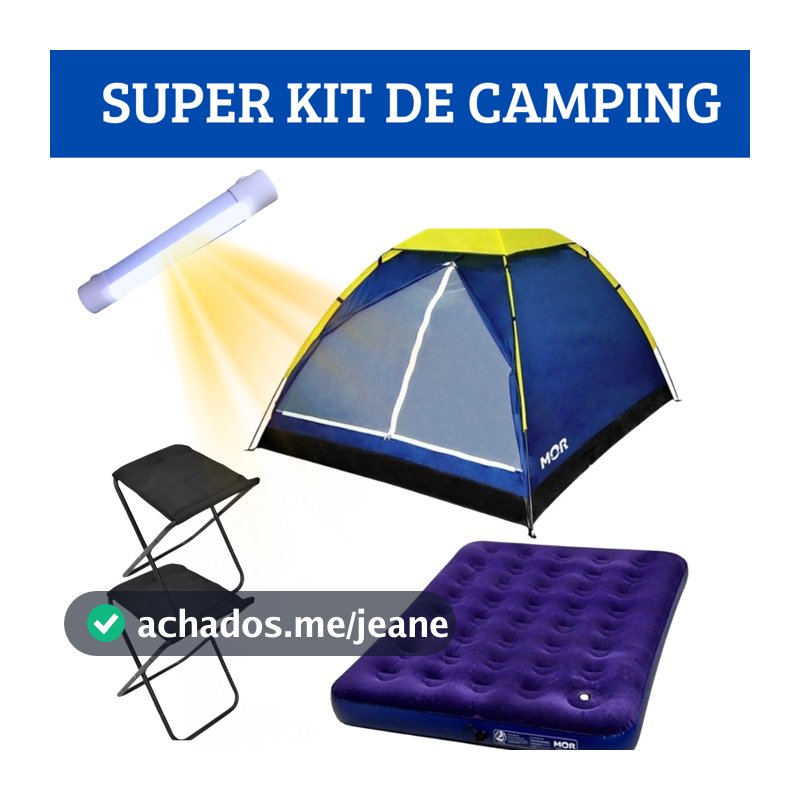 Kits Completo de Camping Colchão Inflável de Casal + Barraca + 2 Banquetas + Luminária