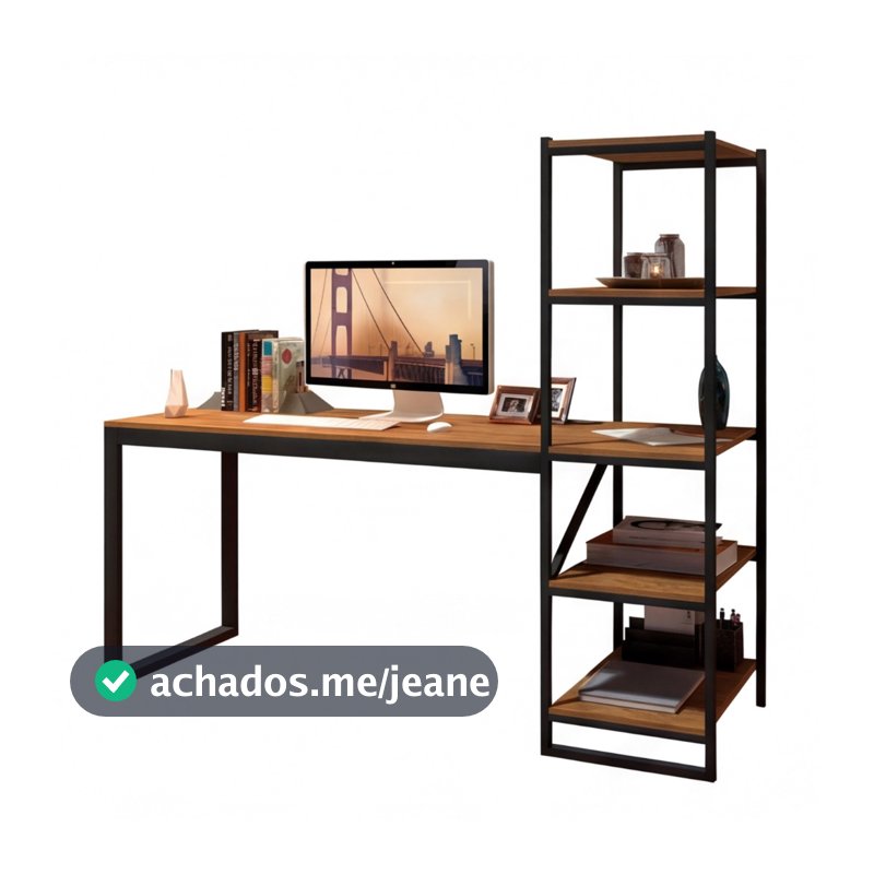 Escrivaninha Industrial com Estante Lateral 3 Prateleiras | Mesa Home Office Madeira  Cor Canela