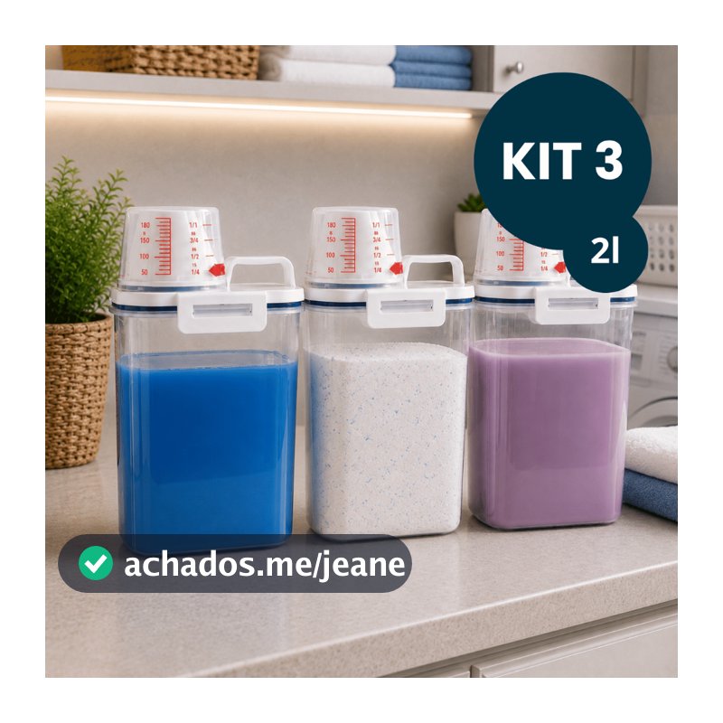 Kit 3 Potes Herméticos 2L Para Lavanderia Com Vedação e Copo Medidor P/ Sabão em Pó Amaciante.