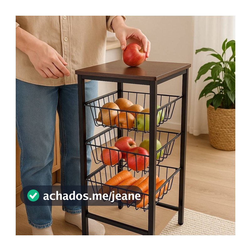 Fruteira De Chão E Bancada Suporte Oganizador Preto Amadeirado