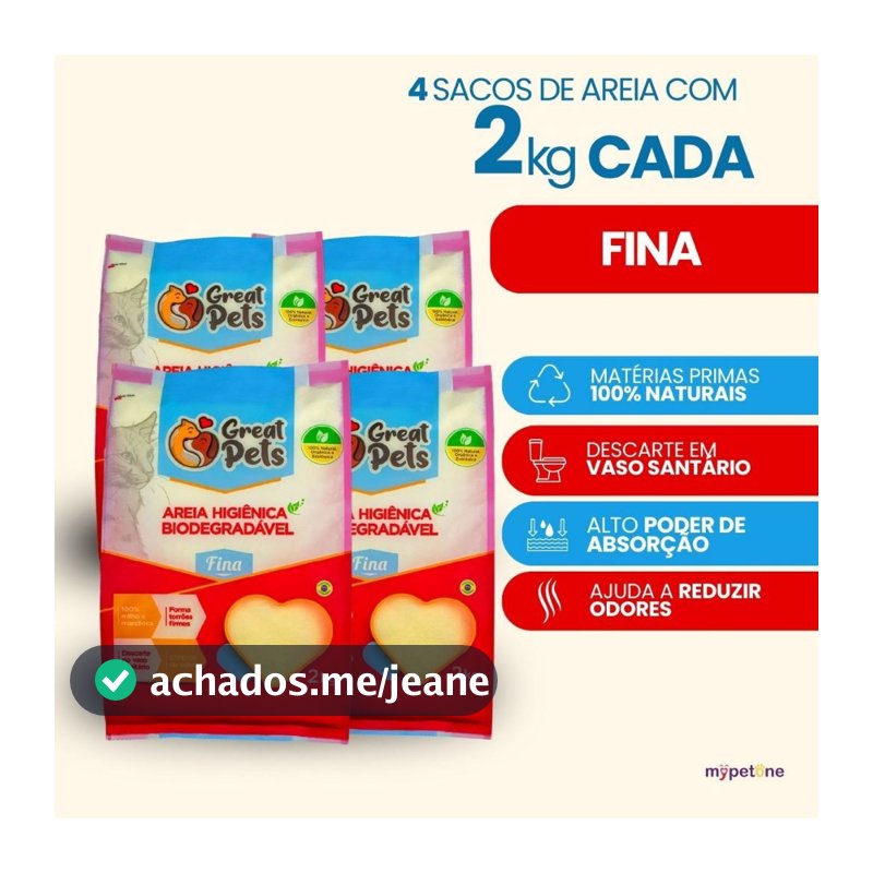 Kit 4 Areia Biodegradável Fina 2 Kg para Gatos - Great Pets
