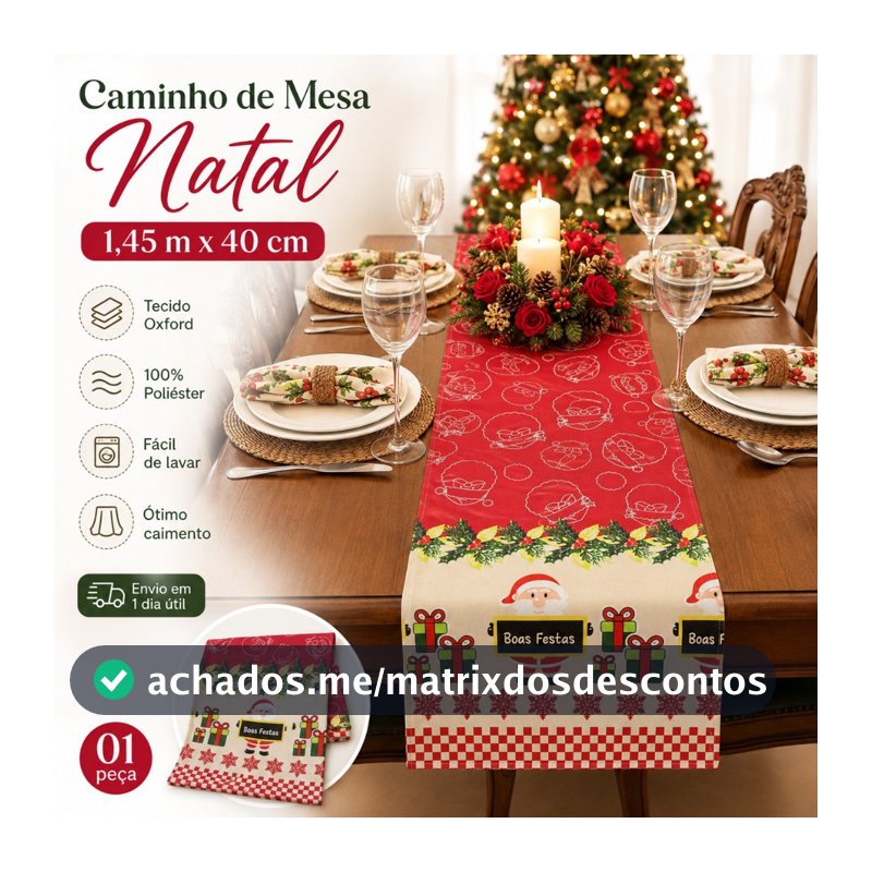 Caminho de Mesa Natal Trilho de Decoração Mesa Posta 1,45m x 40cm Corredor Mesa Passadeira