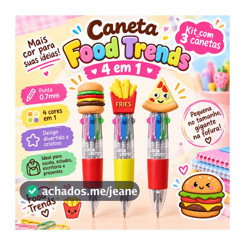 Kit 3 Canetas Minis 4 em 1 Food Trends Coloridas Fofas Criativas Escola