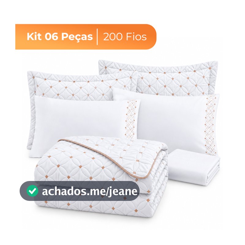Colcha Kit 06 Peças Cobre Leito Completo Percal 200 Fios Luxo Bordado Extra Macio