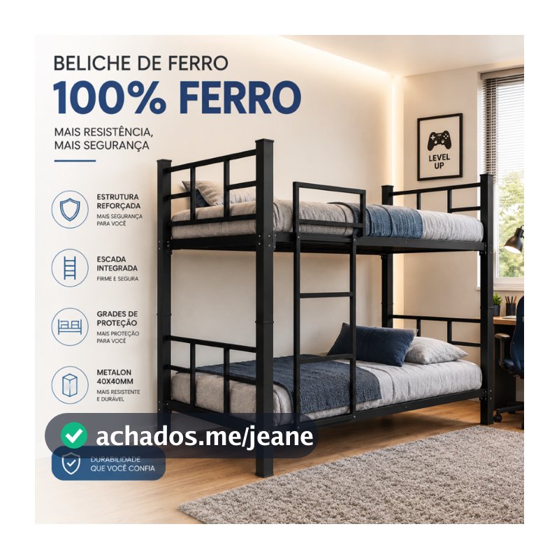 Beliche para Quarto de Solteiro 100% Ferro 40/40 com Grades de Proteção e Escadas