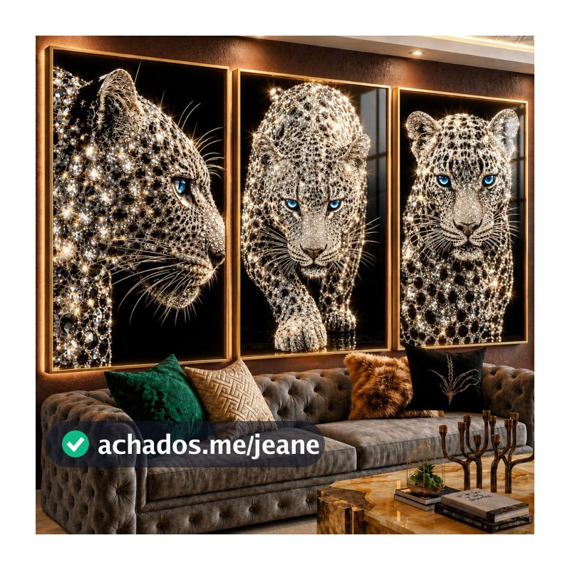 Kit 3 Quadros Decorativos Onça Pantera com Pedrarias Luxo Preto Prata e Dourado Animal Selvagem Moderno para Sala Quarto