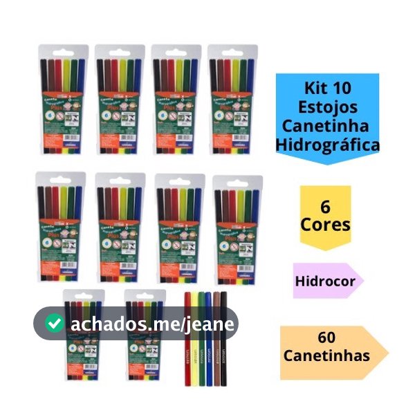 Kit 10 Estojos Canetinha Hidrográfica 6 Cores Hidrocor 60 Canetinhas Infantil Escolar Leo&Leo