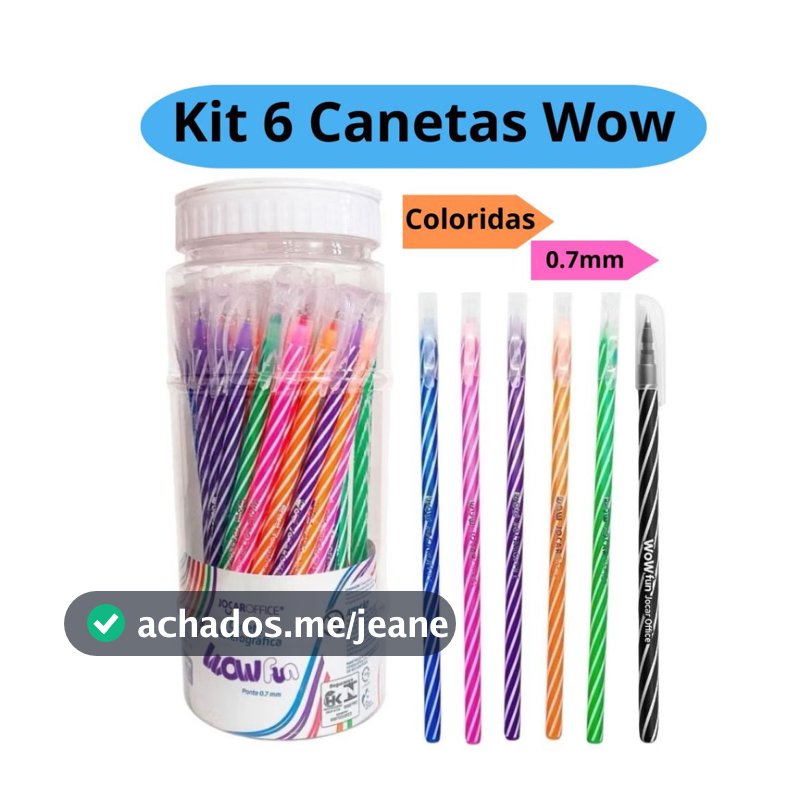 Kit 6 Caneta Wow Esferográfica 0.7 Coloridas e Preta