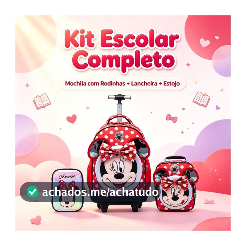 Kit Minnie Mochila Lancheira Estojo Escolar Feminina Rodinha Disney