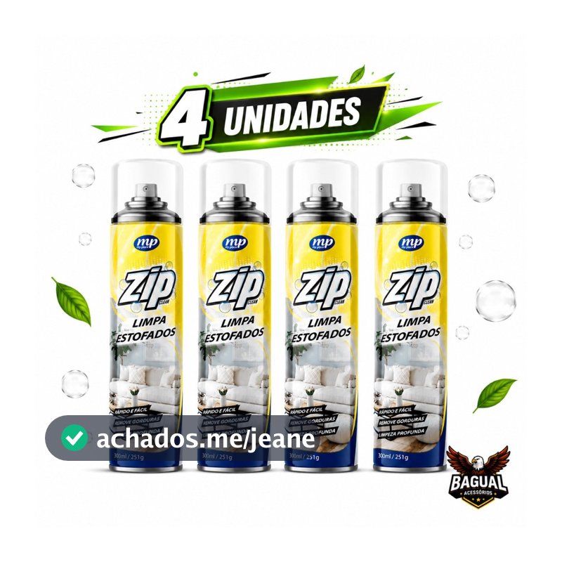 Kit até 4 Spray Limpa Estofados Espuma Mágica Limpa a Seco Zip Clean Spray Perfumado 300ml