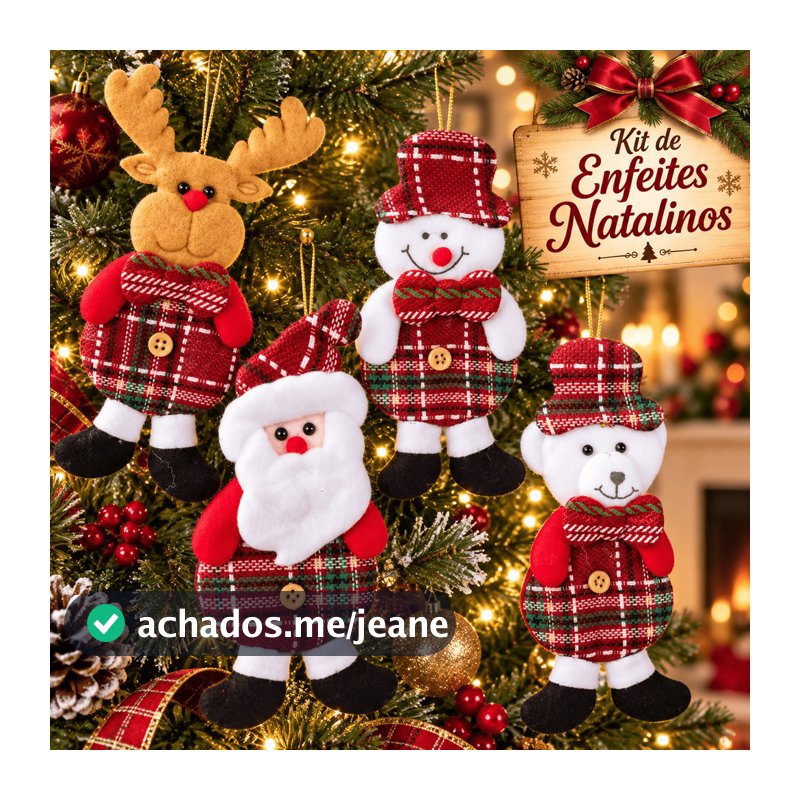 Kit Enfeite de Natal Pelúcia 13cm 12 Peças para Pendurar na Árvore Papai Noel Alce Urso Boneco de Neve